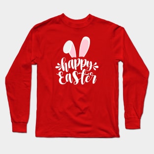 Simple Cute Bunny Ears Happy Easter Calligraphy Long Sleeve T-Shirt